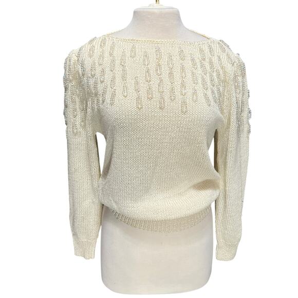 VTG 80s Glam Beaded Hand Knit Sweater Sz L Angora Wool Fringe Puff Sleeve Party - Picture 1 of 13